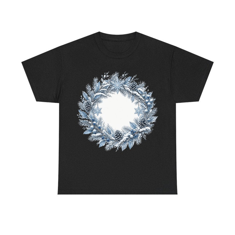 Frosted Blue Winter Wreath personalised Christmas T-shirt in black
