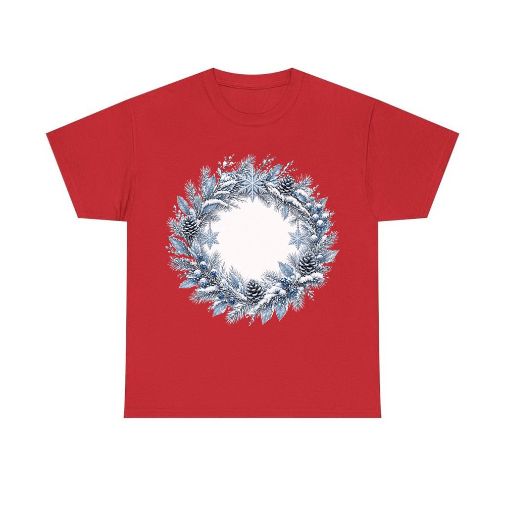 Frosted Blue Winter Wreath personalised Christmas T-shirt in red