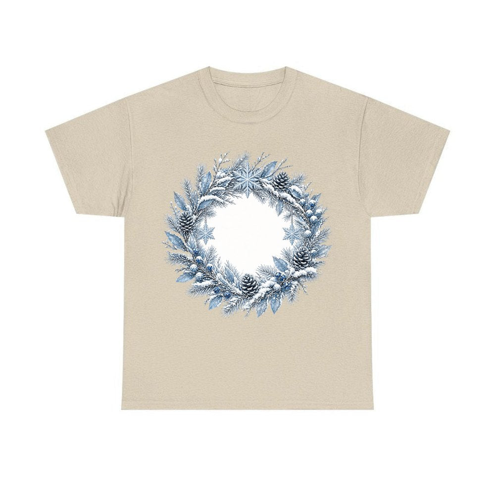 Frosted Blue Winter Wreath personalised Christmas T-shirt in sand
