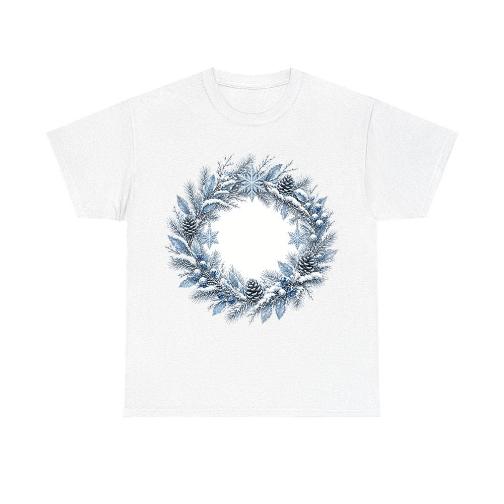 Frosted Blue Winter Wreath personalised Christmas T-shirt in white