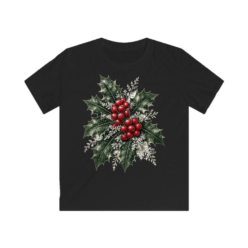 Frosted Holly and Berries personalised kids Christmas tee in black