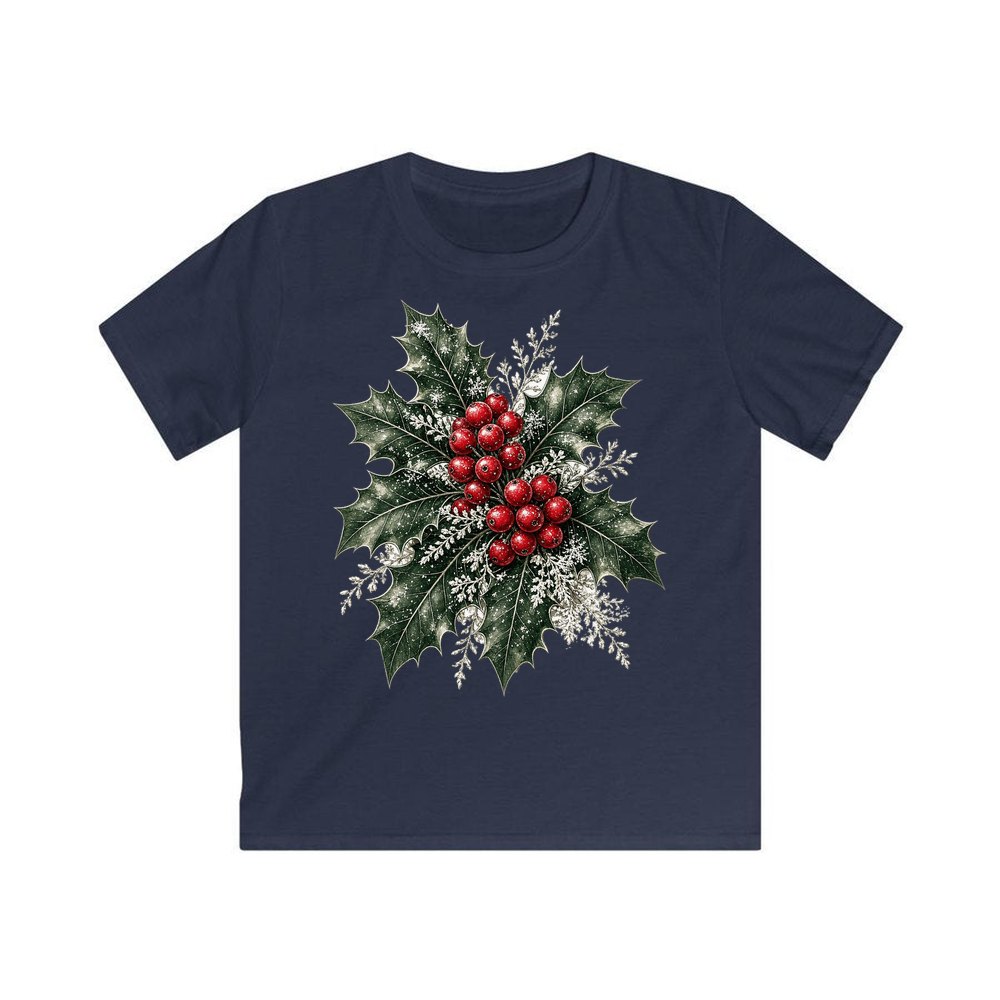 Frosted Holly and Berries personalised kids Christmas tee in navy