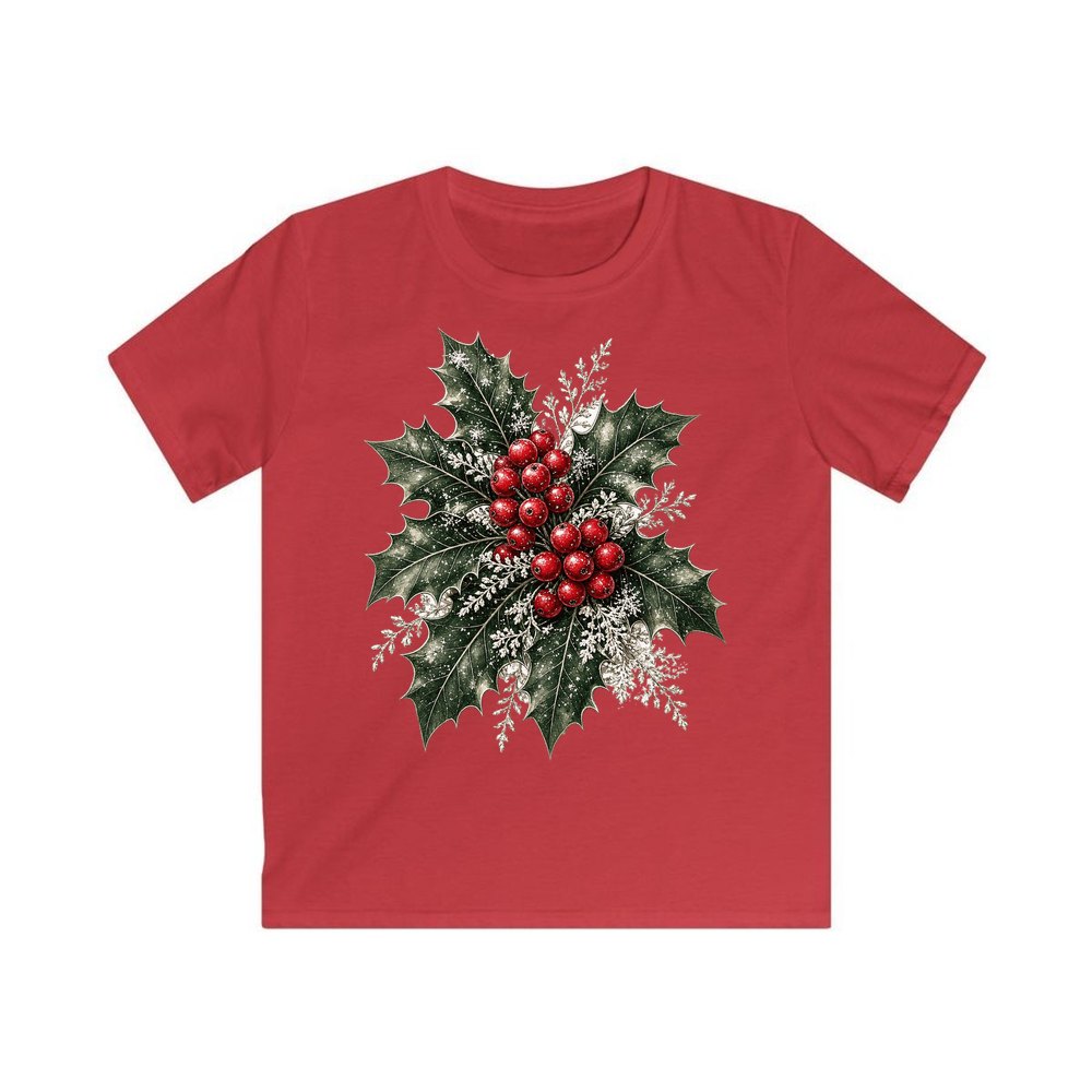 Frosted Holly and Berries personalised kids Christmas tee in red