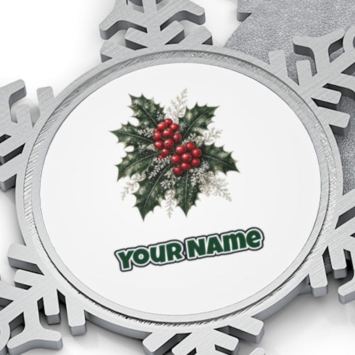 Frosted Holly and Berries Personalised Pewter Christmas Ornament