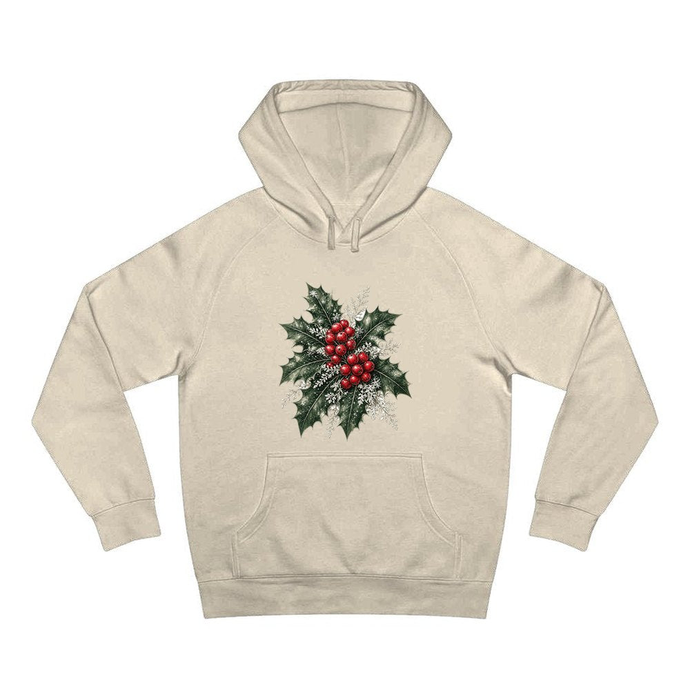Frosted Holly and Berries personalised Christmas hoodie in sand
