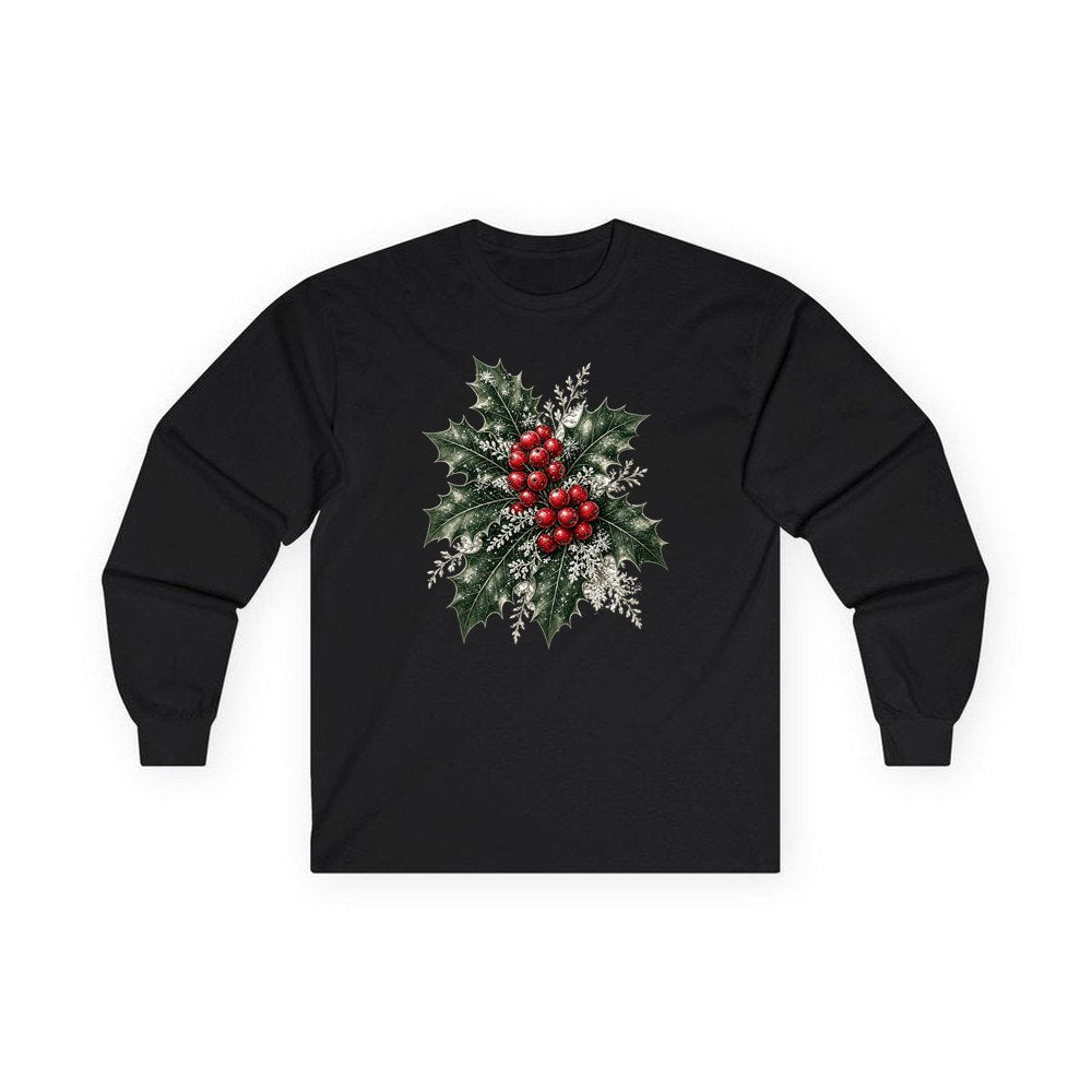 Frosted Holly and Berries personalised long sleeve Christmas T-shirt in black