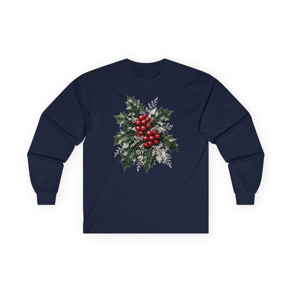Frosted Holly and Berries personalised long sleeve Christmas T-shirt in navy