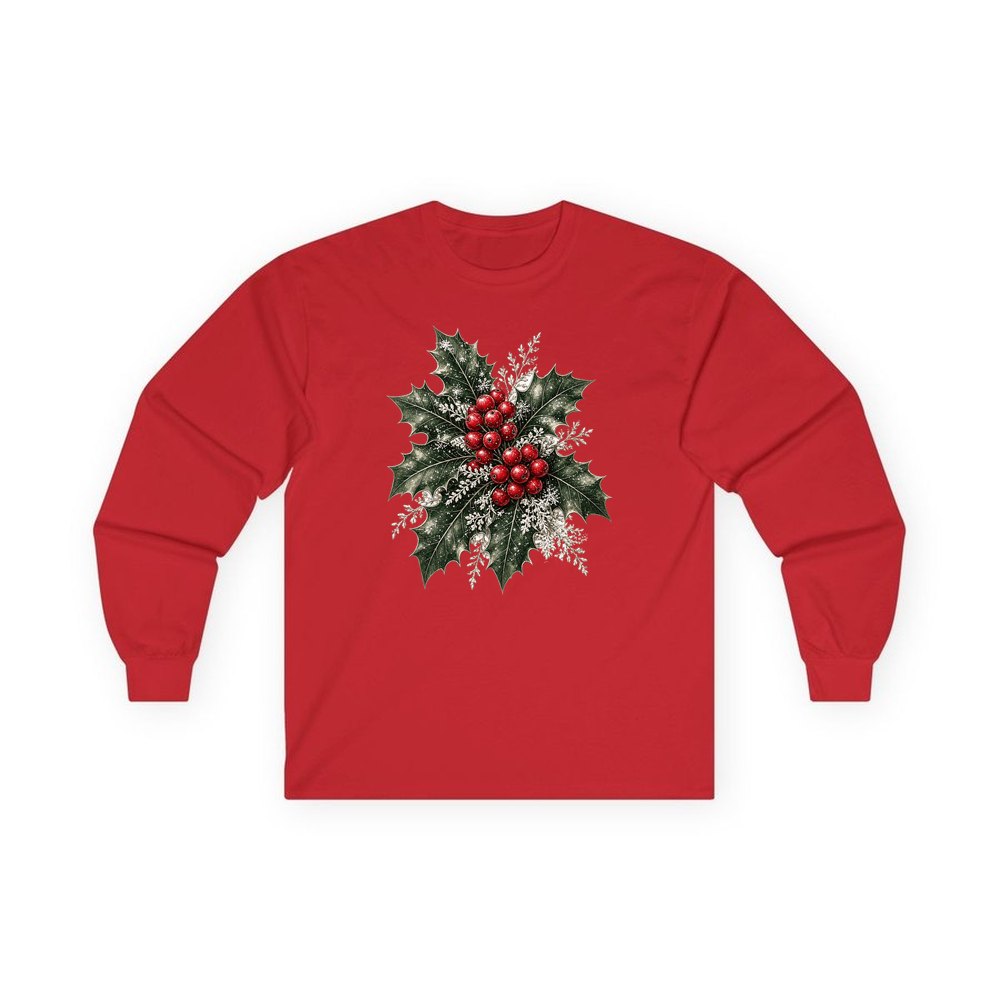 Frosted Holly and Berries personalised long sleeve Christmas T-shirt in red