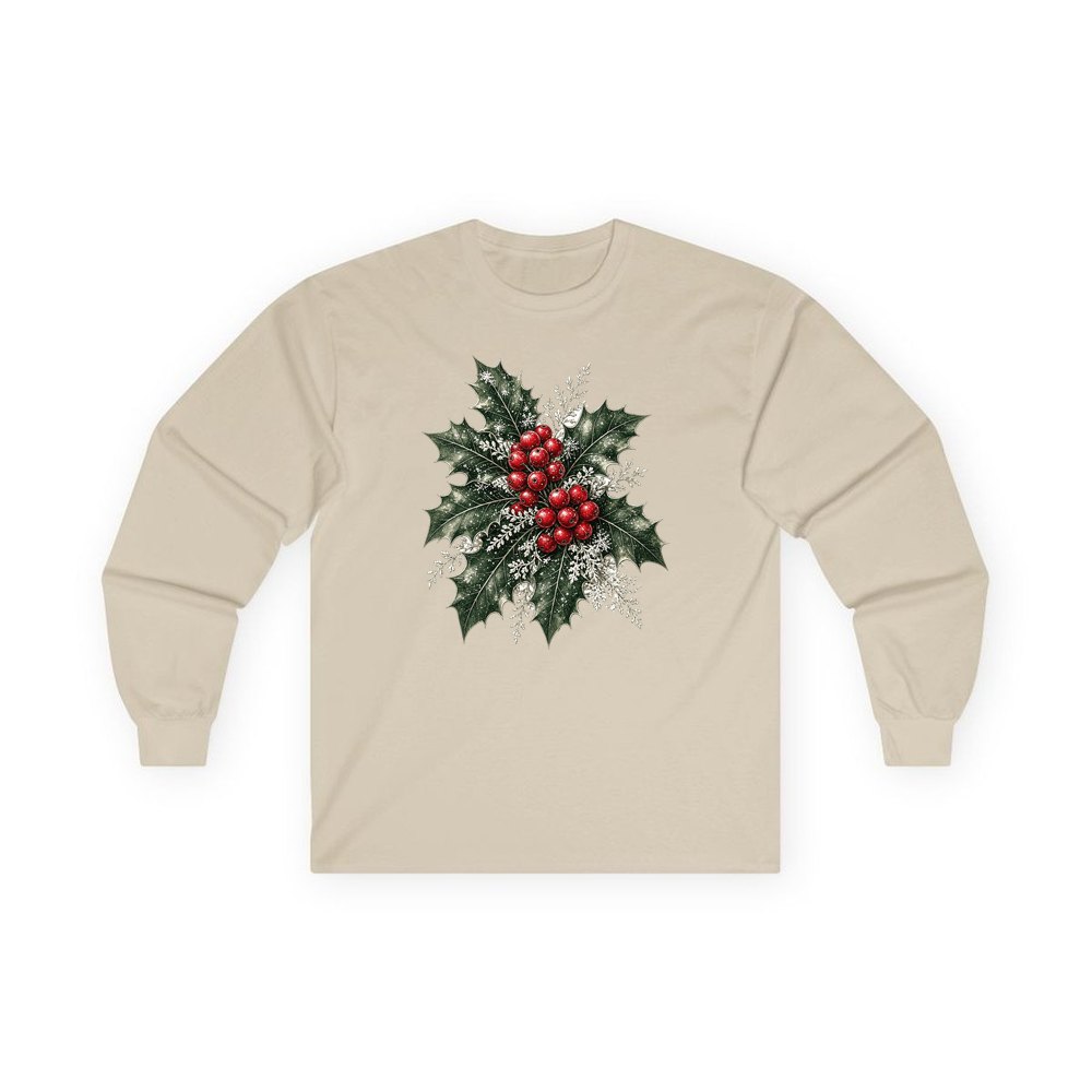 Frosted Holly and Berries personalised long sleeve Christmas T-shirt in sand
