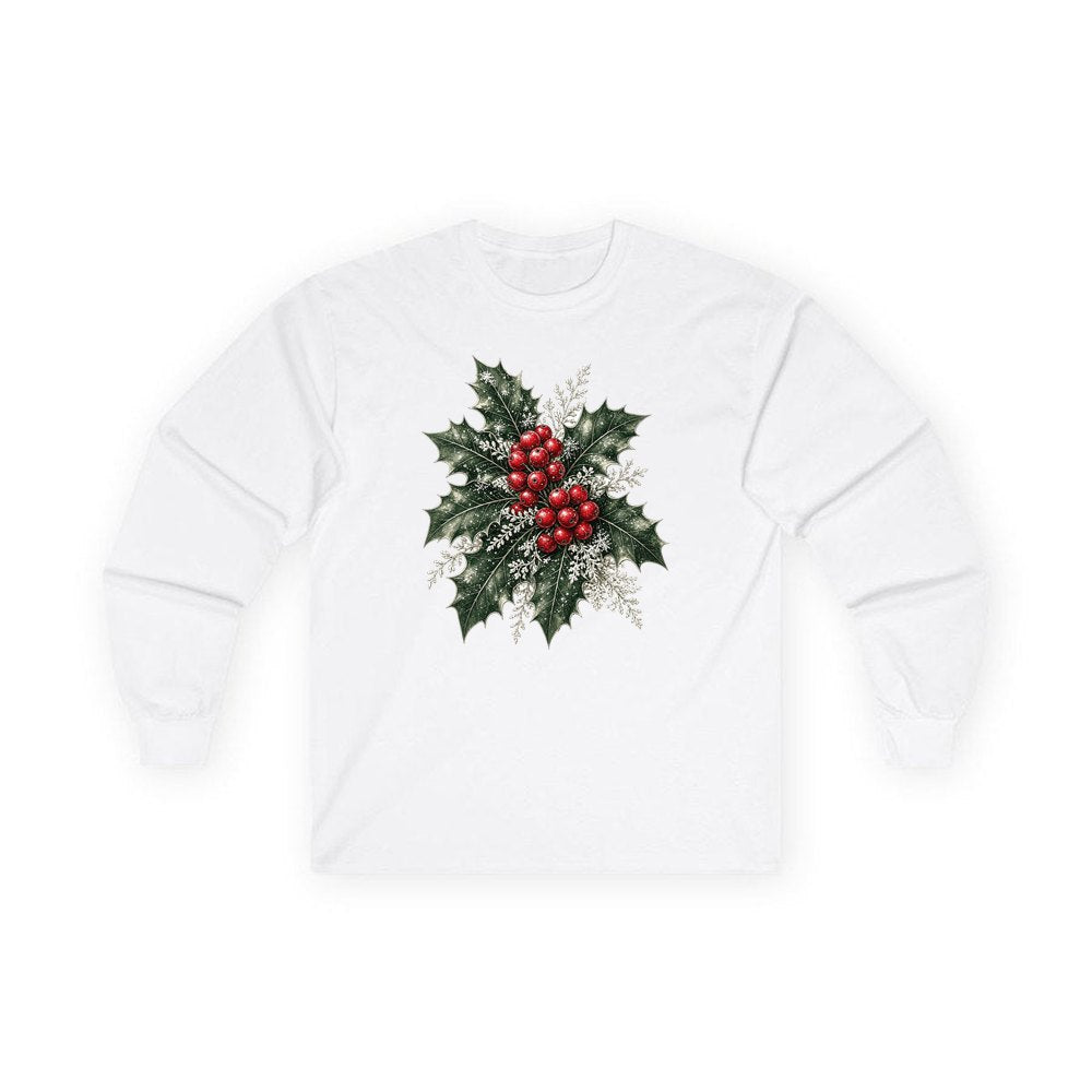 Frosted Holly and Berries personalised long sleeve Christmas T-shirt in white