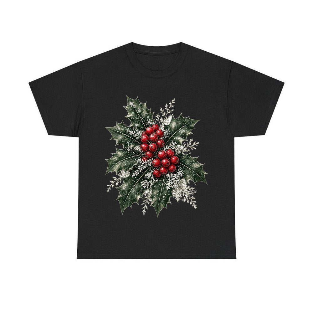 Frosted Holly and Berries personalised Christmas T-shirt in black