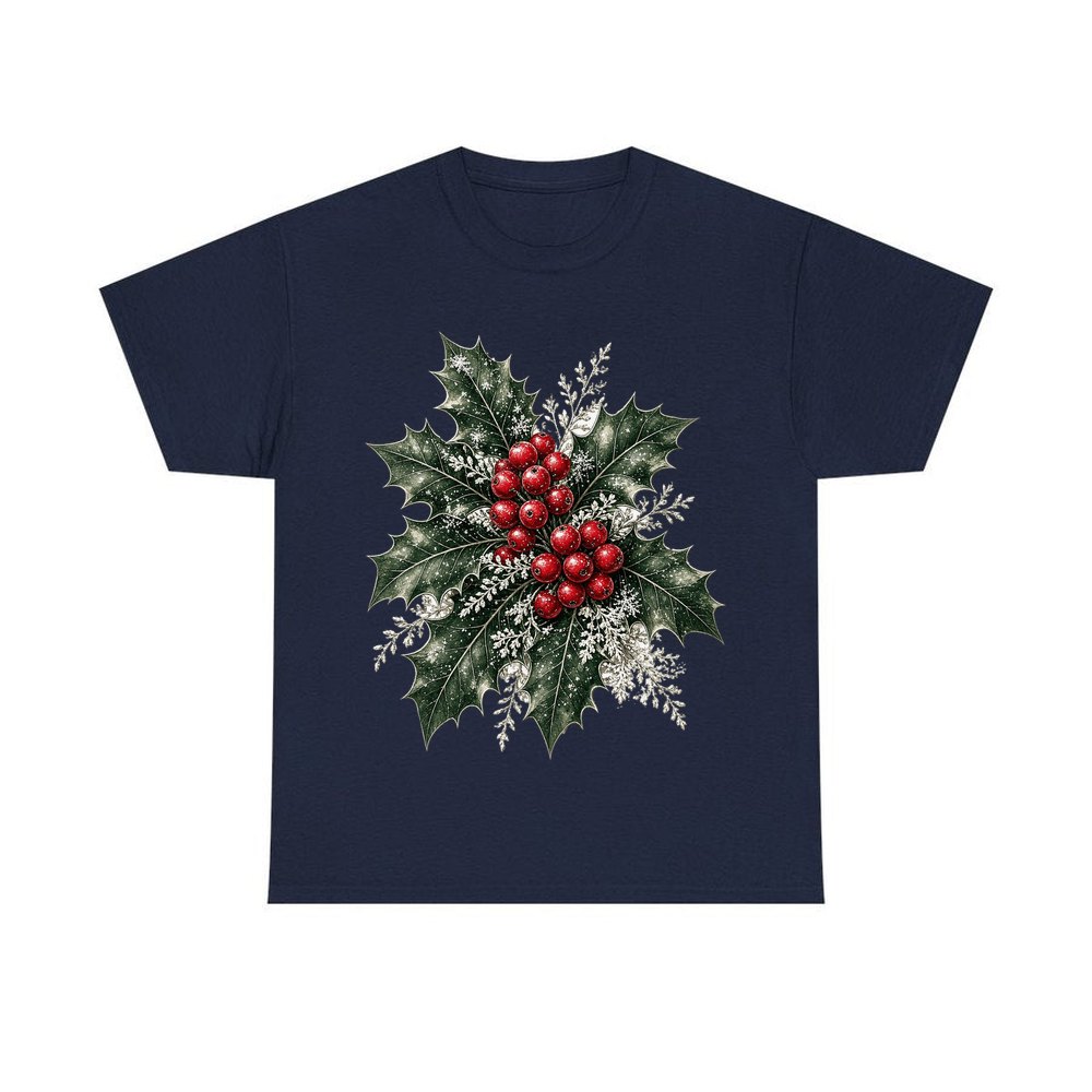 Frosted Holly and Berries personalised Christmas T-shirt in navy