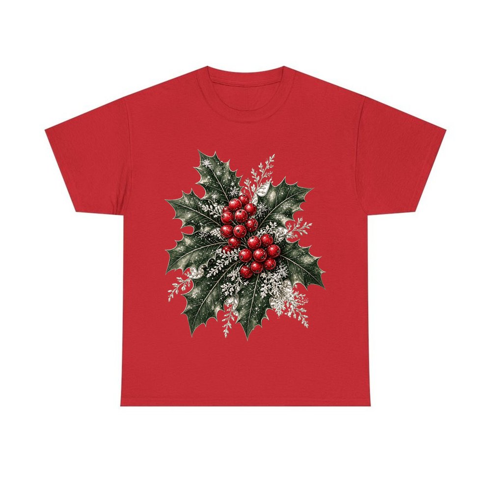 Frosted Holly and Berries personalised Christmas T-shirt in red