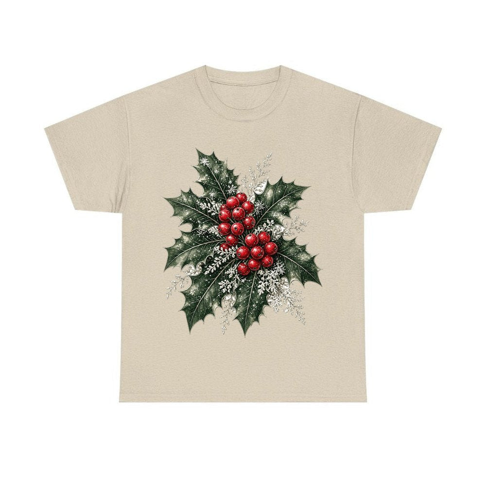 Frosted Holly and Berries personalised Christmas T-shirt in sand