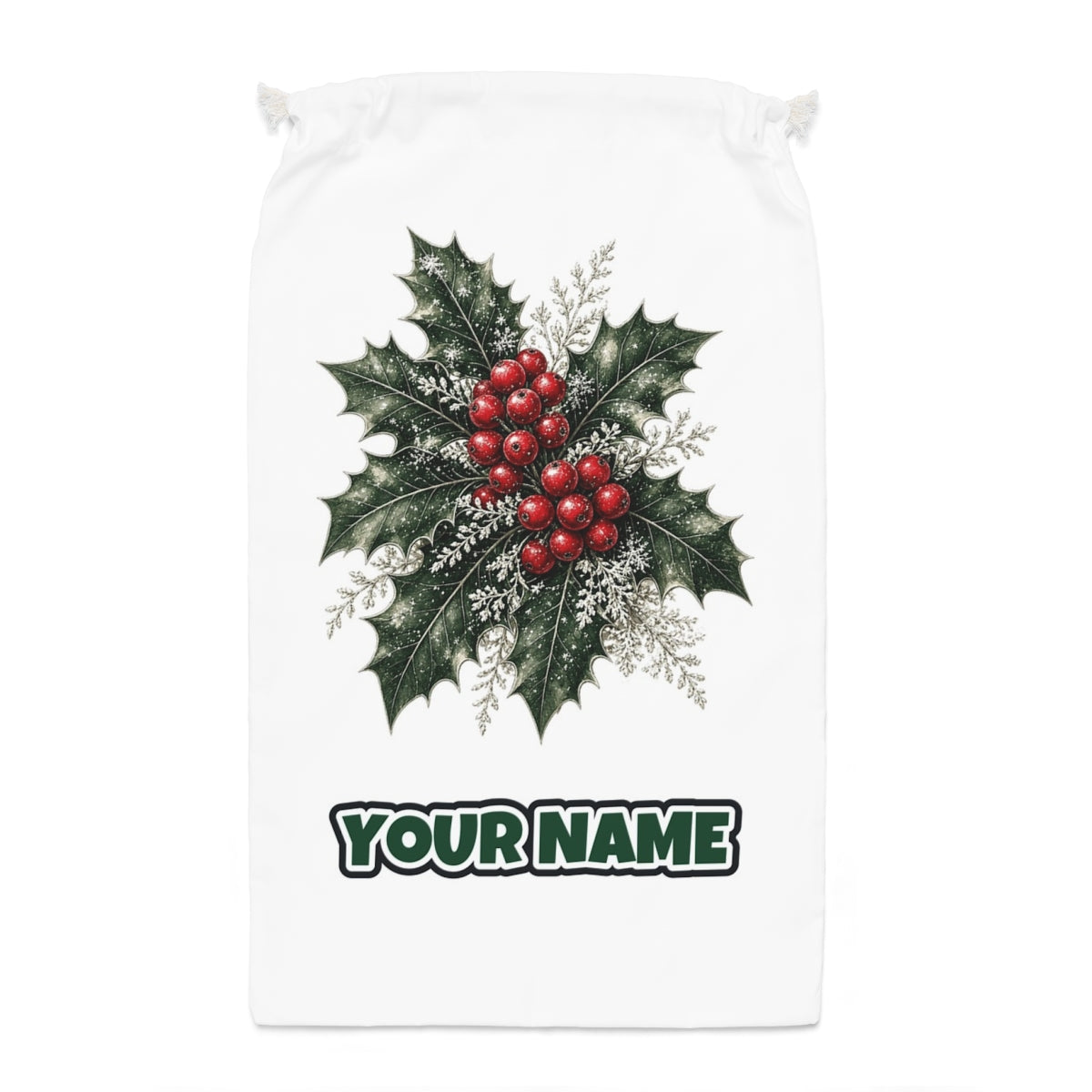Frosted Holly and Berries Santa sack laid flat, showing the full print