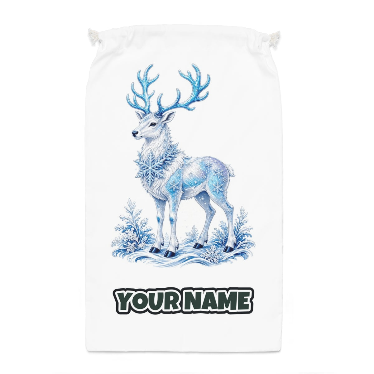 Frosted Ice Reindeer Santa sack laid flat, showing the full print
