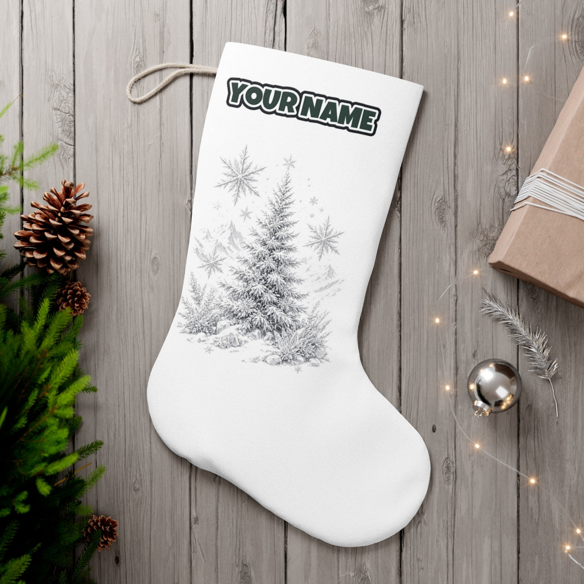 Frosted Snow Christmas Tree personalised Christmas stocking, white, with the name across the top