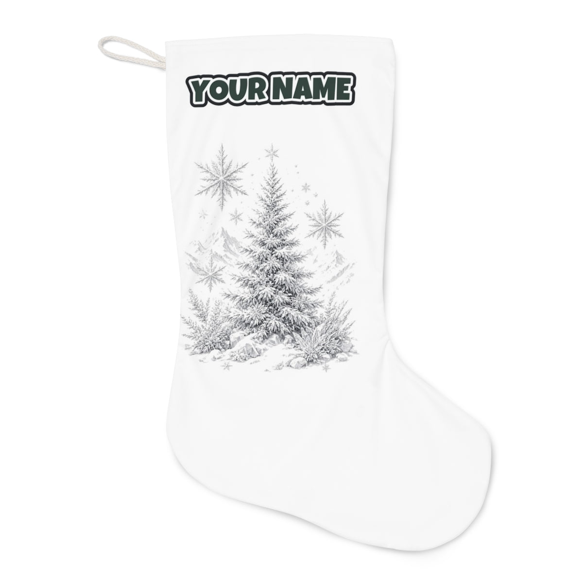 Frosted Snow Christmas Tree Christmas stocking laid flat, showing the full print