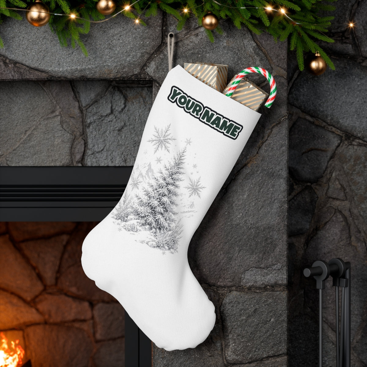 Frosted Snow Christmas Tree personalised Christmas stocking hanging on a mantel