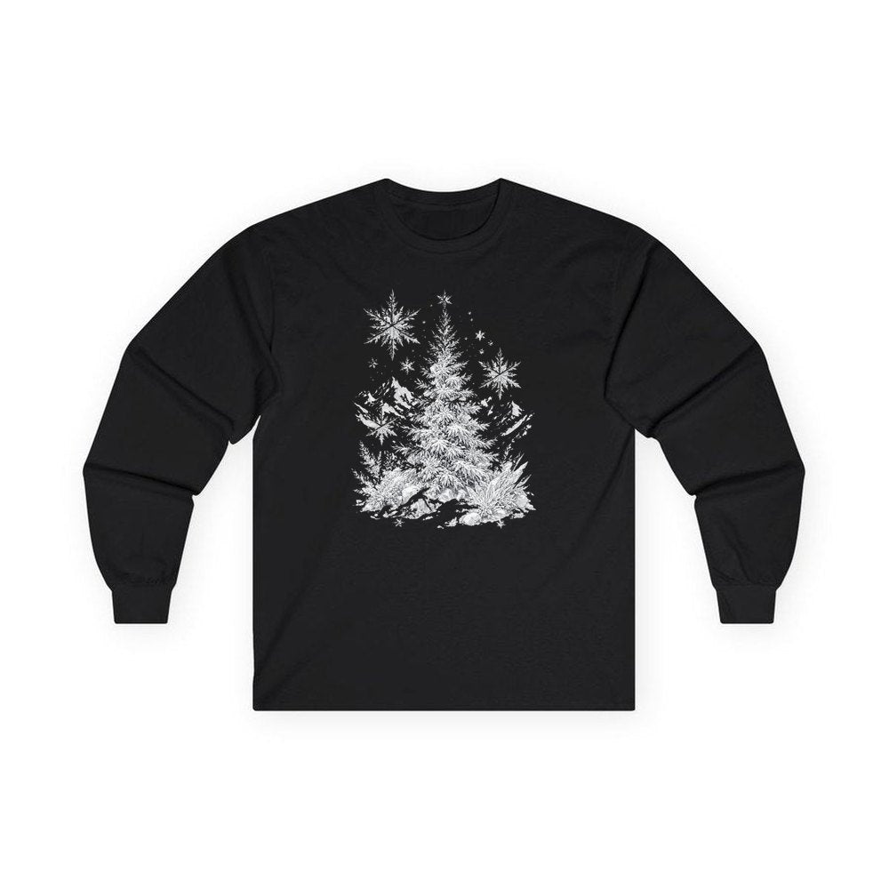 Frosted Snow Christmas Tree personalised long sleeve Christmas T-shirt in black