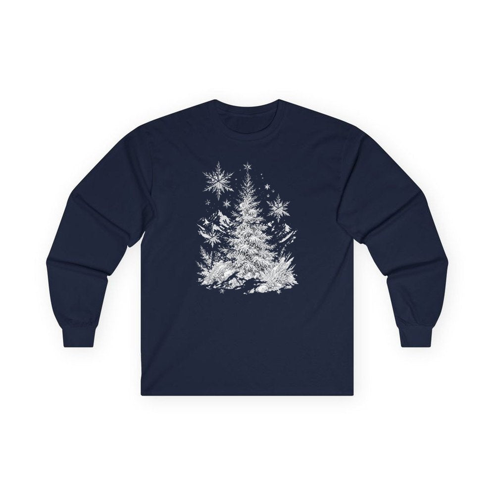 Frosted Snow Christmas Tree personalised long sleeve Christmas T-shirt in navy