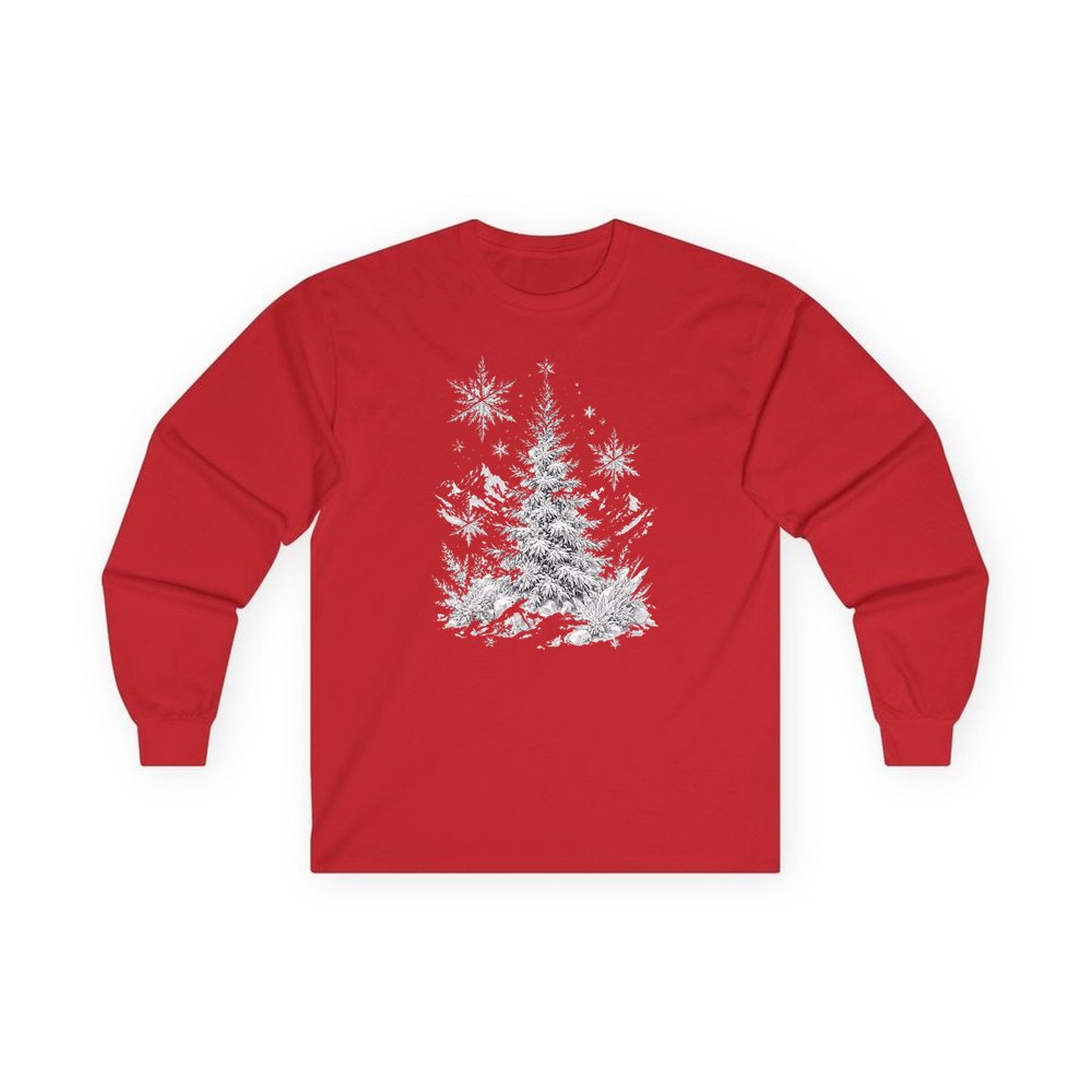 Frosted Snow Christmas Tree personalised long sleeve Christmas T-shirt in red