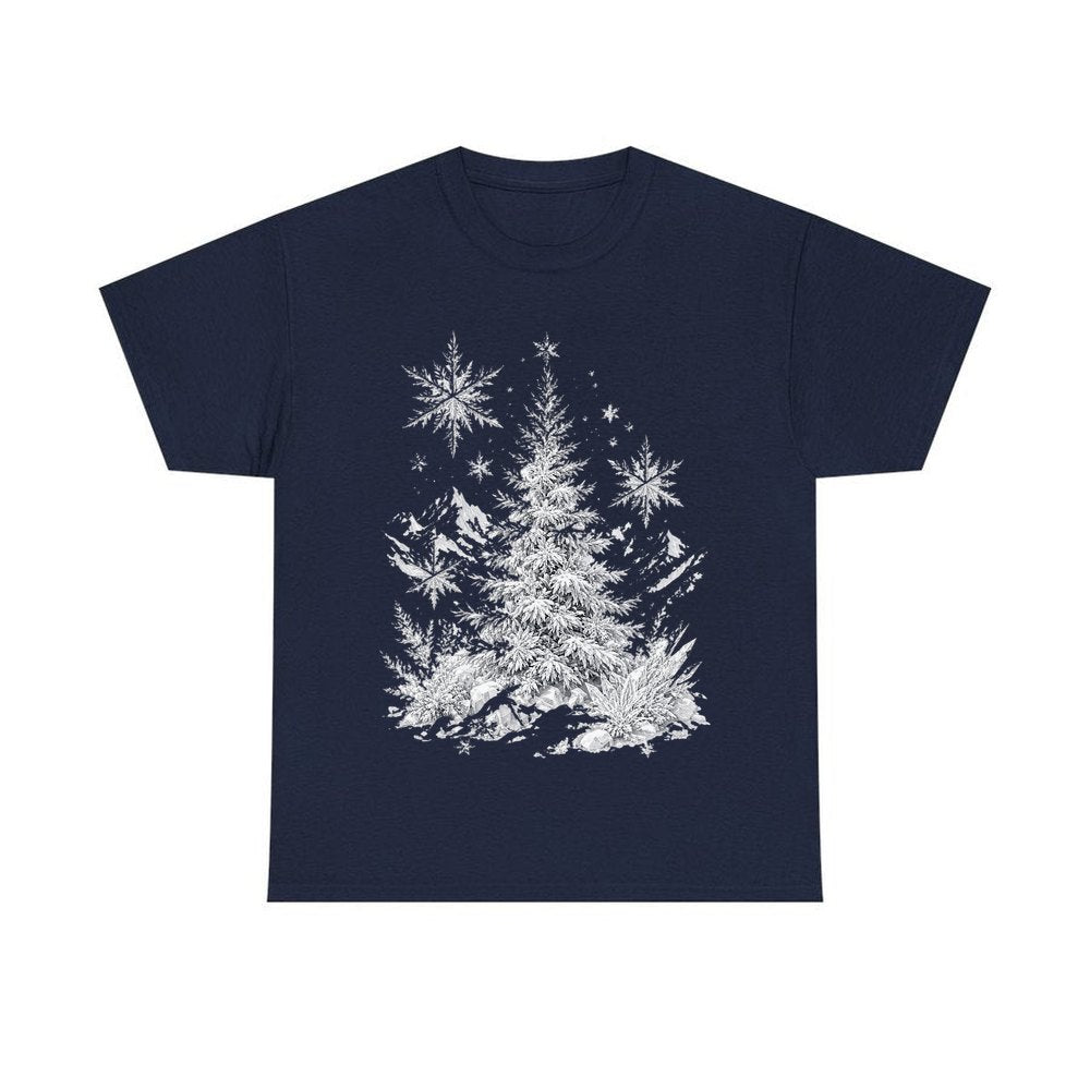 Frosted Snow Christmas Tree personalised Christmas T-shirt in navy