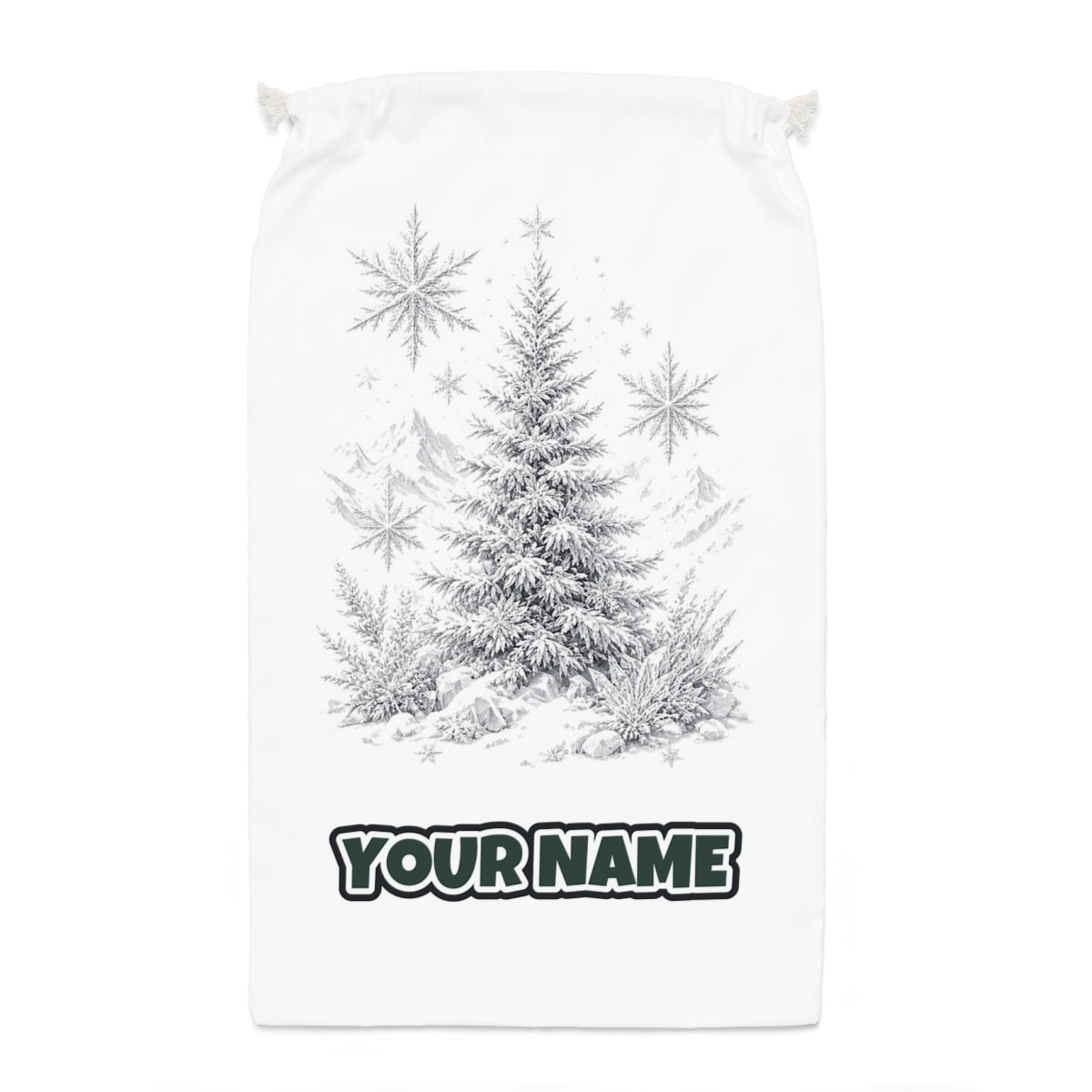 Frosted Snow Christmas Tree Santa sack laid flat, showing the full print