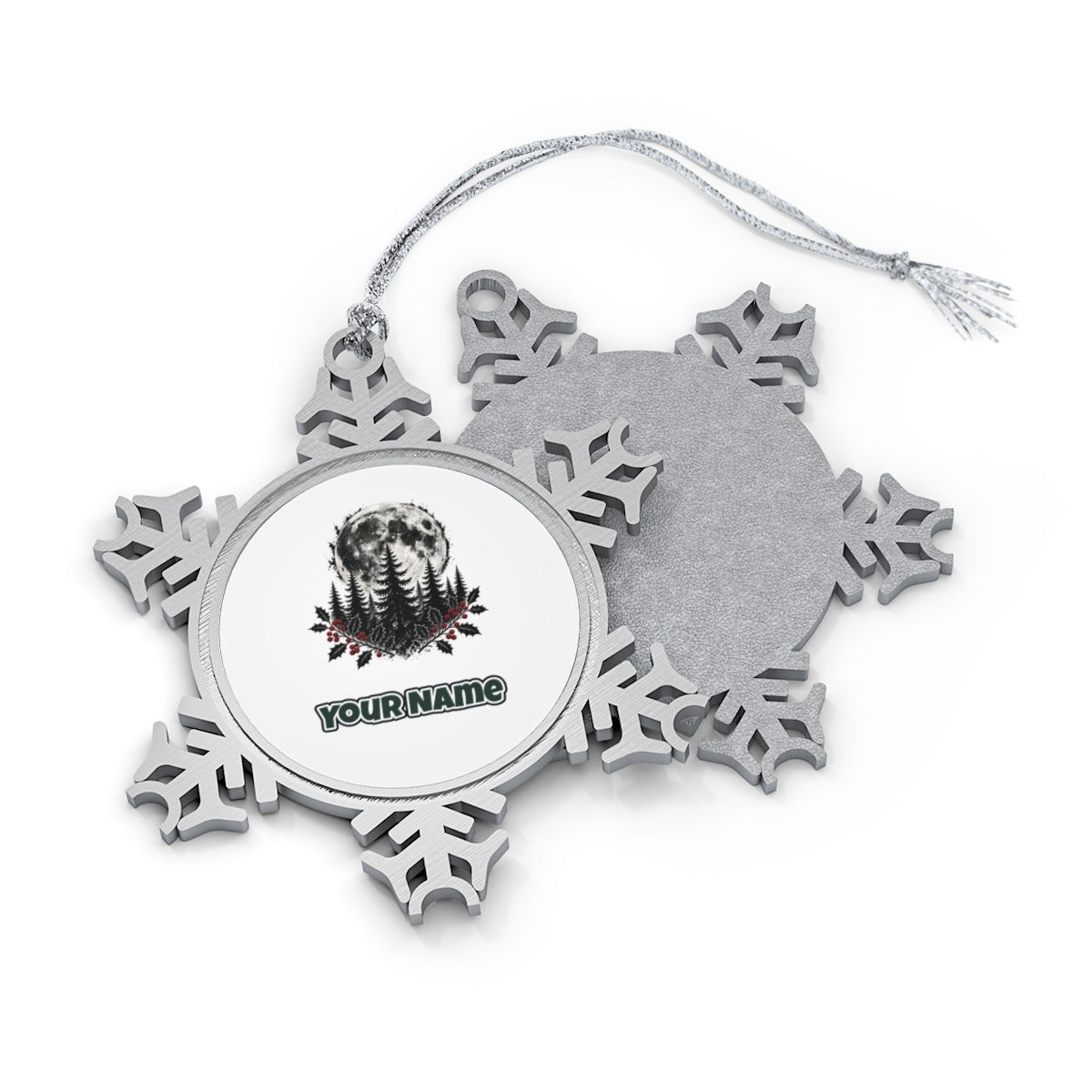 Full Moon Over Pines Personalised Pewter Christmas Ornament