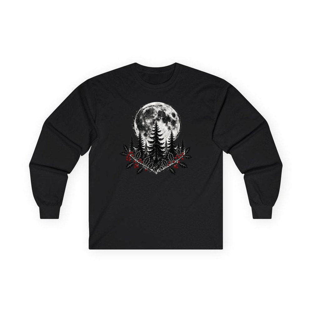 Full Moon Over Pines personalised long sleeve Christmas T-shirt in black