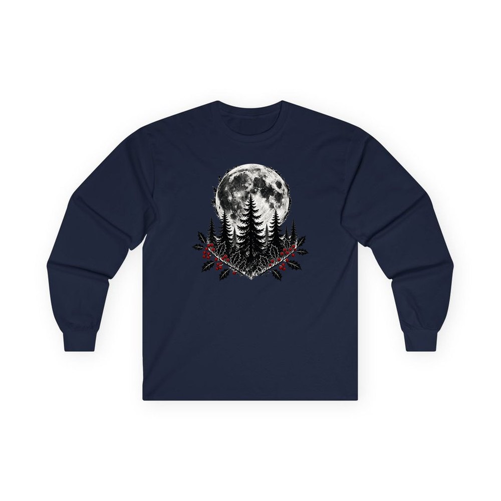 Full Moon Over Pines personalised long sleeve Christmas T-shirt in navy