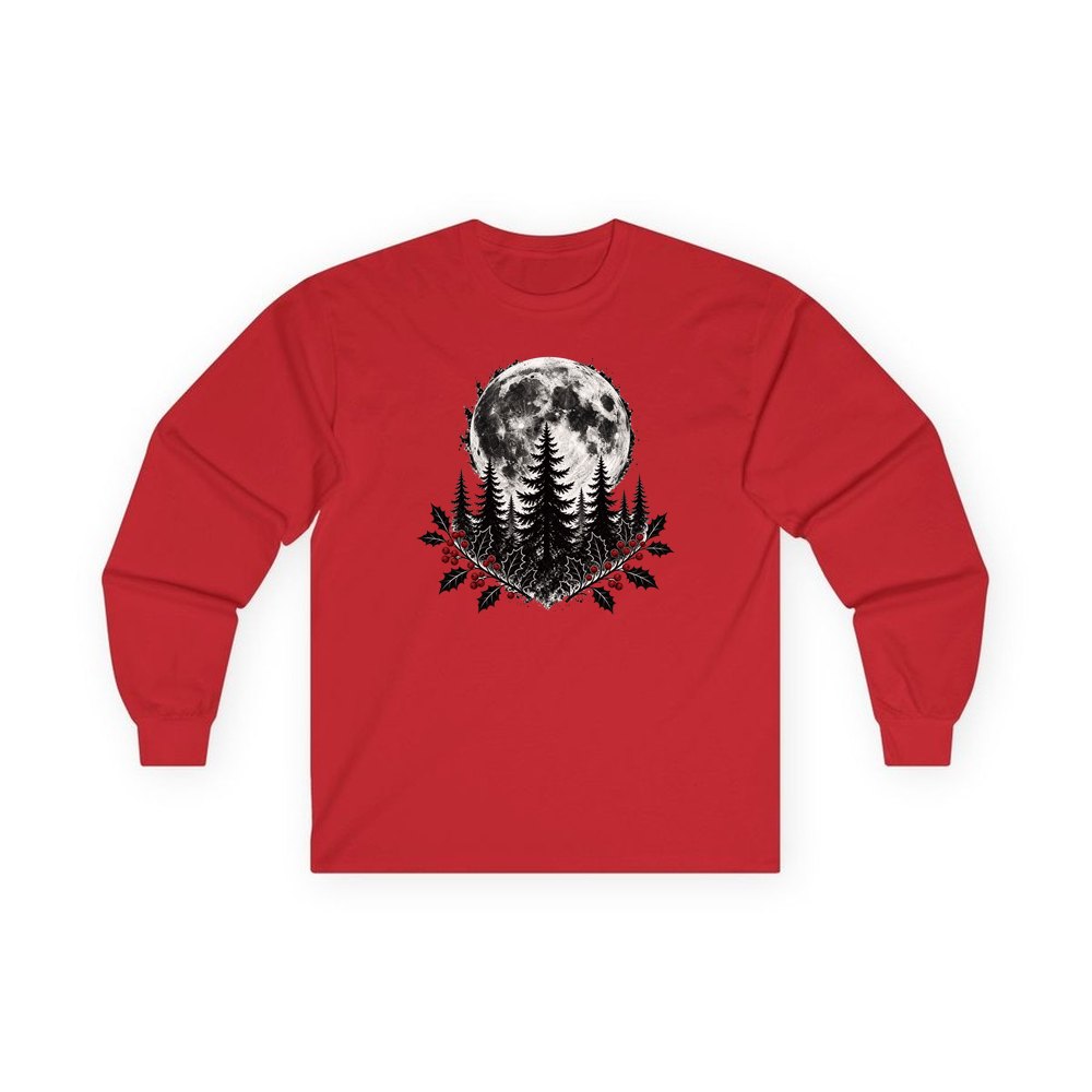 Full Moon Over Pines personalised long sleeve Christmas T-shirt in red