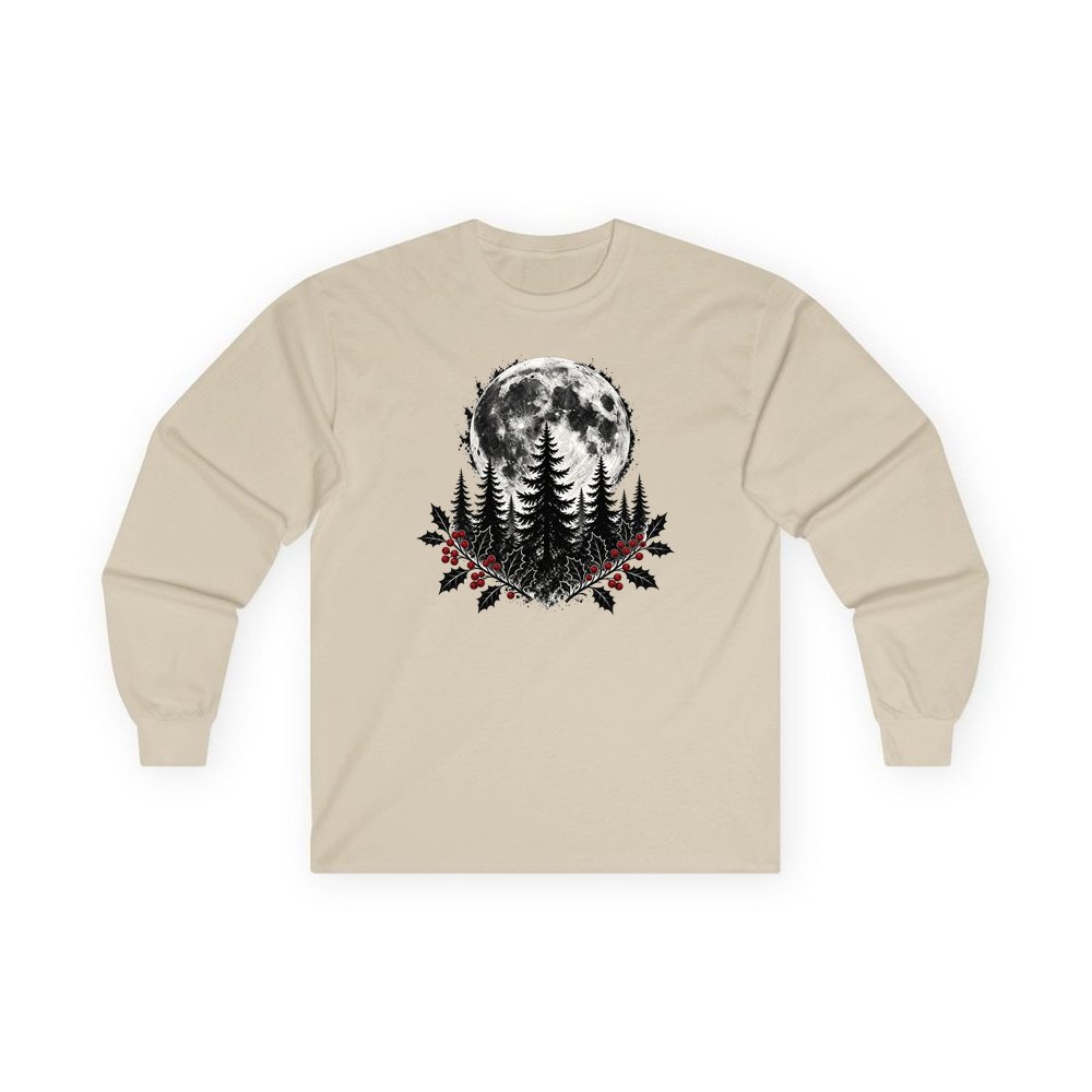 Full Moon Over Pines personalised long sleeve Christmas T-shirt in sand