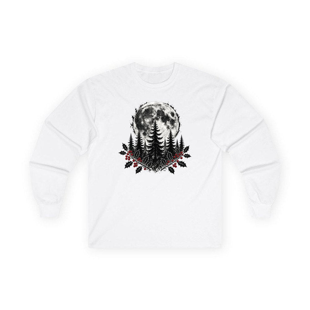 Full Moon Over Pines personalised long sleeve Christmas T-shirt in white