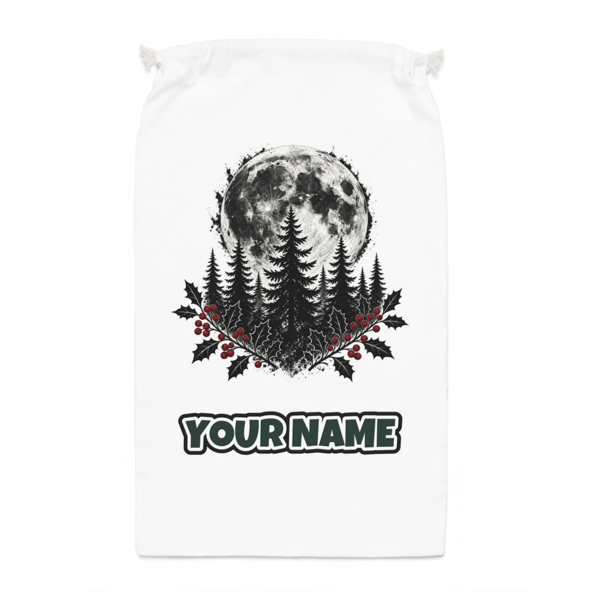 Full Moon Over Pines Santa sack laid flat, showing the full print