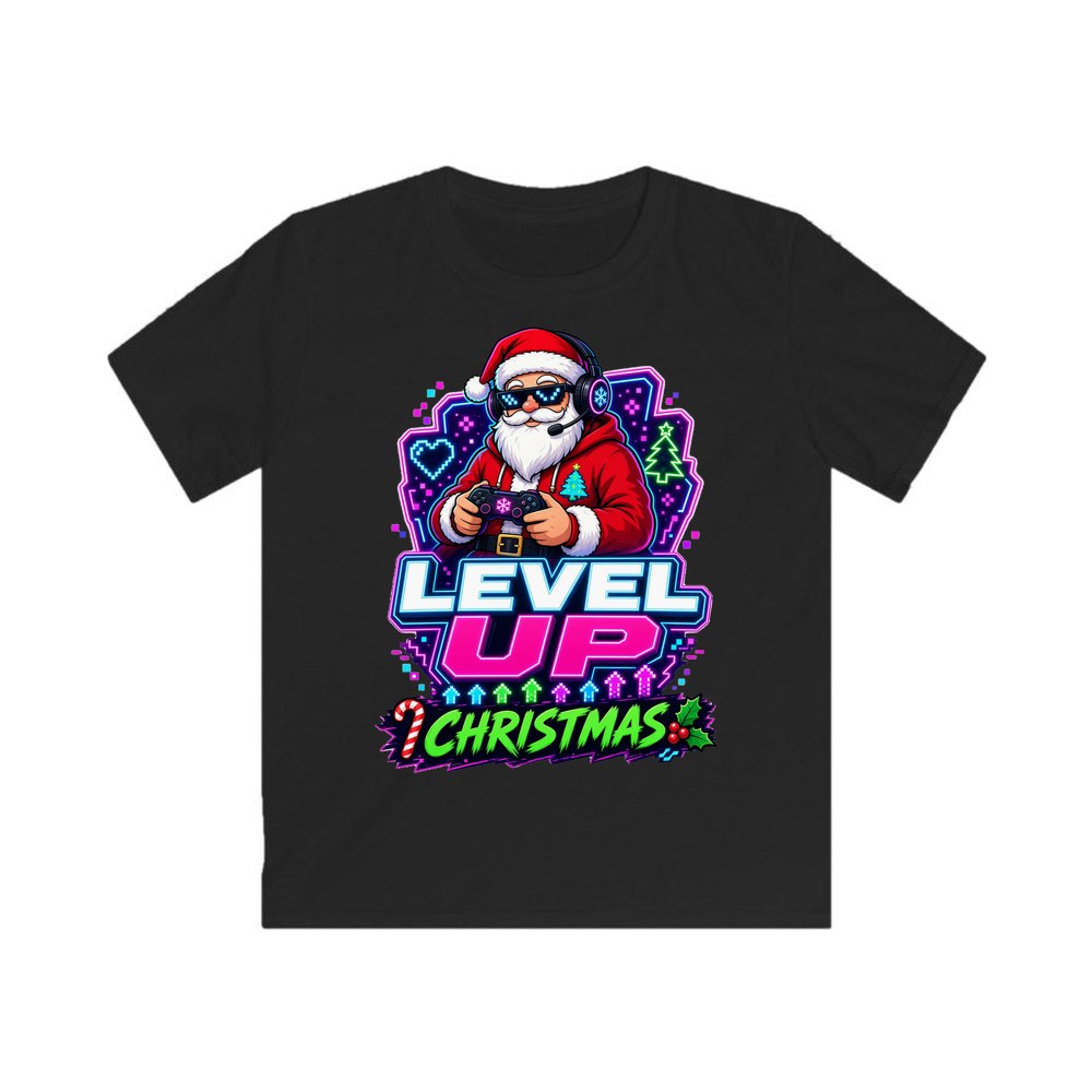 Gaming Santa Level Up personalised kids Christmas tee in black