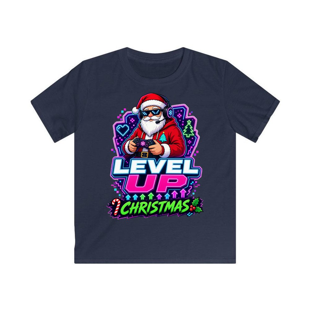 Gaming Santa Level Up personalised kids Christmas tee in navy