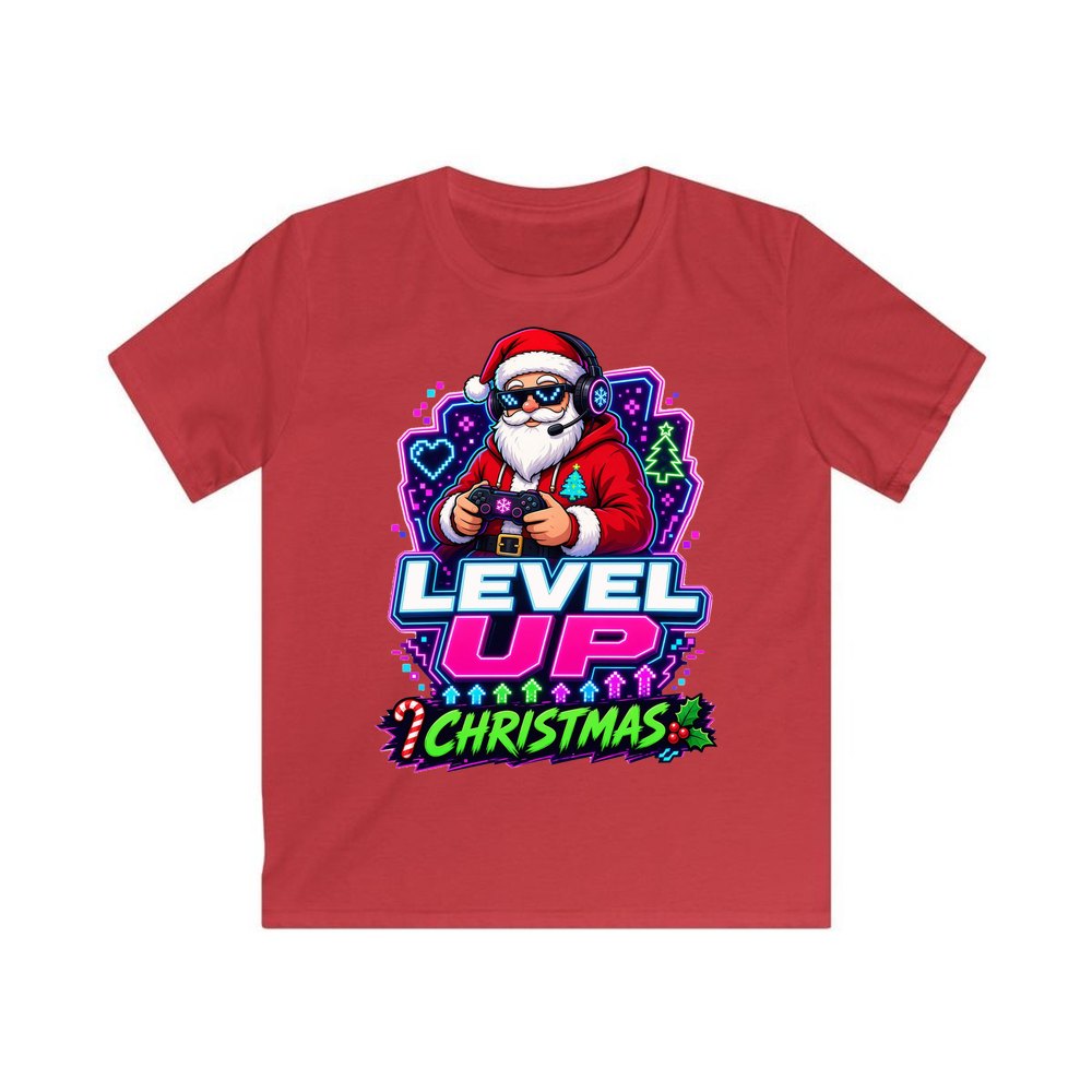 Gaming Santa Level Up personalised kids Christmas tee in red