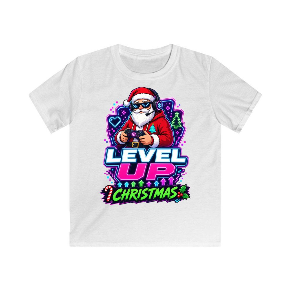 Gaming Santa Level Up personalised kids Christmas tee in white