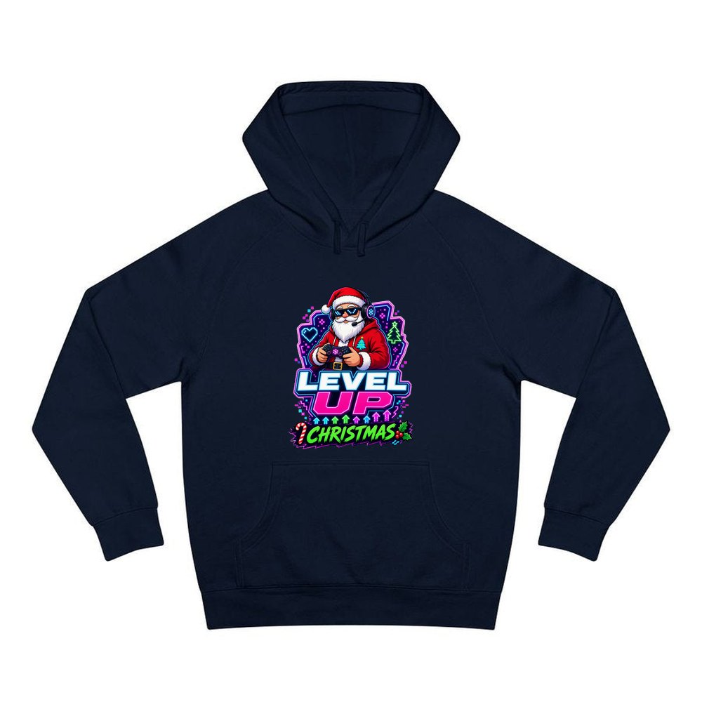 Gaming Santa Level Up personalised Christmas hoodie in navy