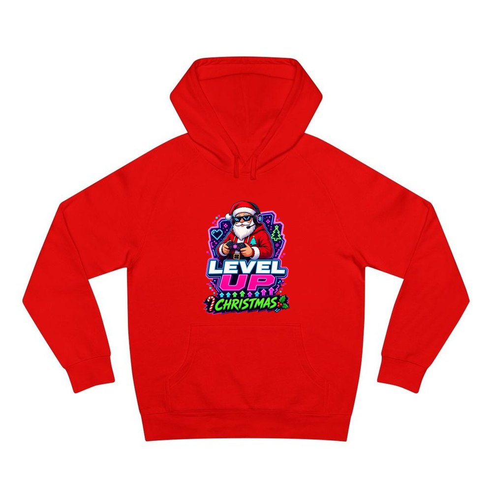 Gaming Santa Level Up personalised Christmas hoodie in red