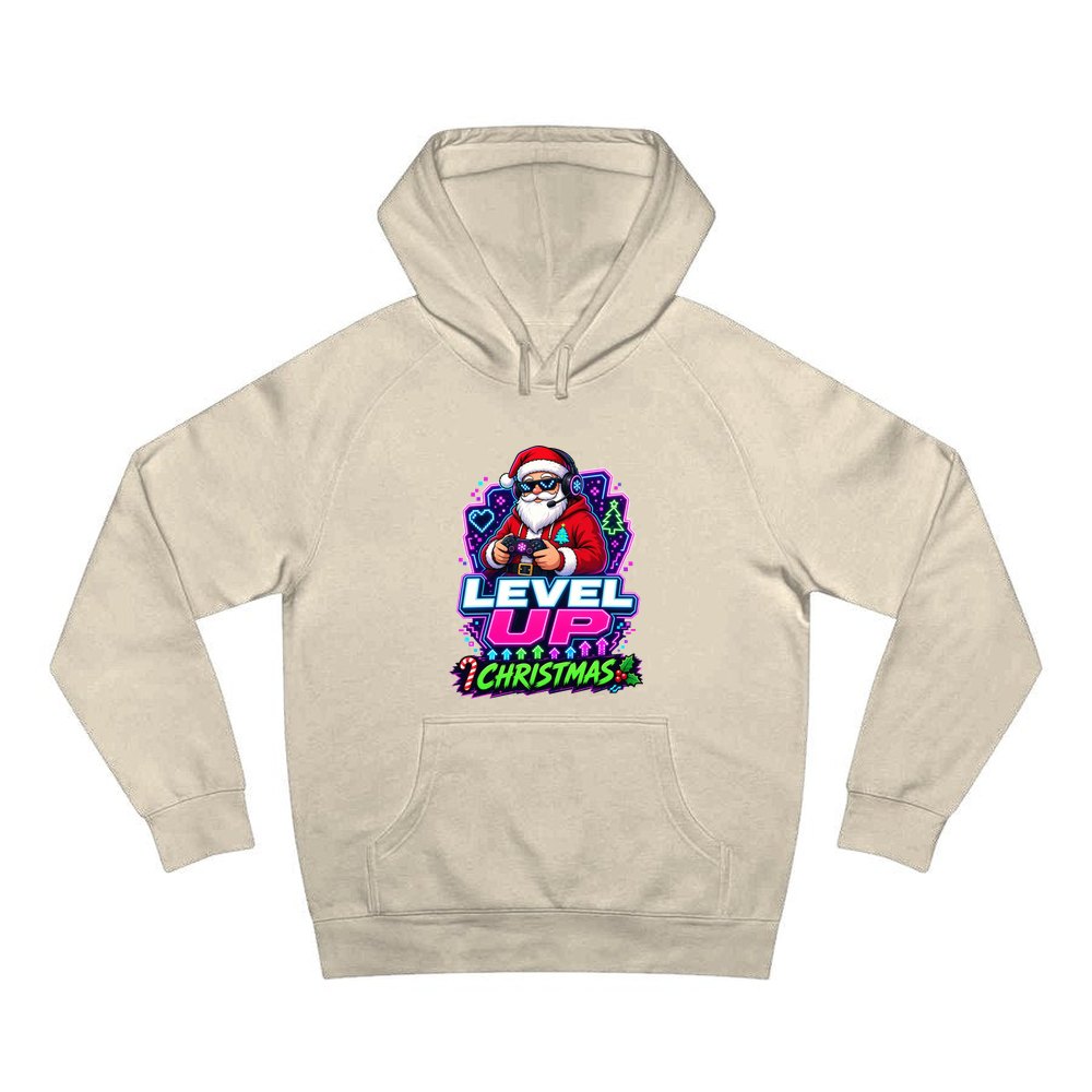 Gaming Santa Level Up personalised Christmas hoodie in sand