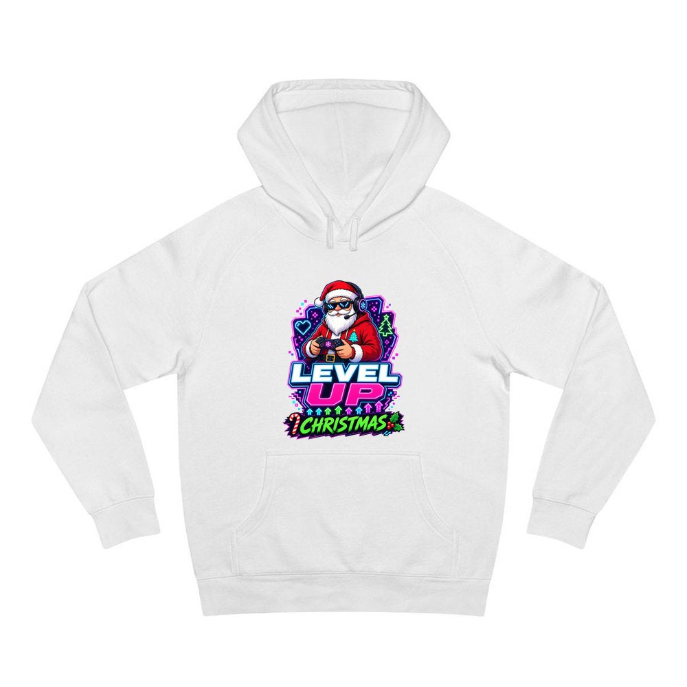 Gaming Santa Level Up personalised Christmas hoodie in white