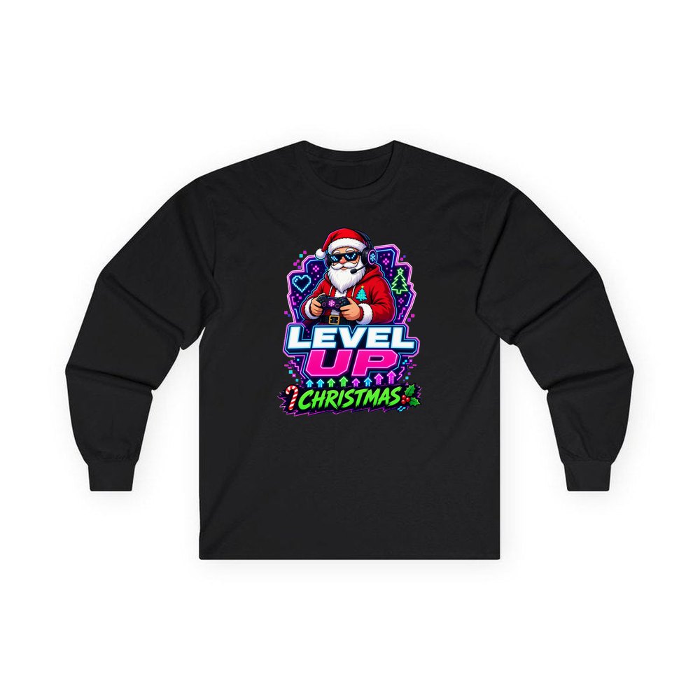 Gaming Santa Level Up personalised long sleeve Christmas T-shirt in black