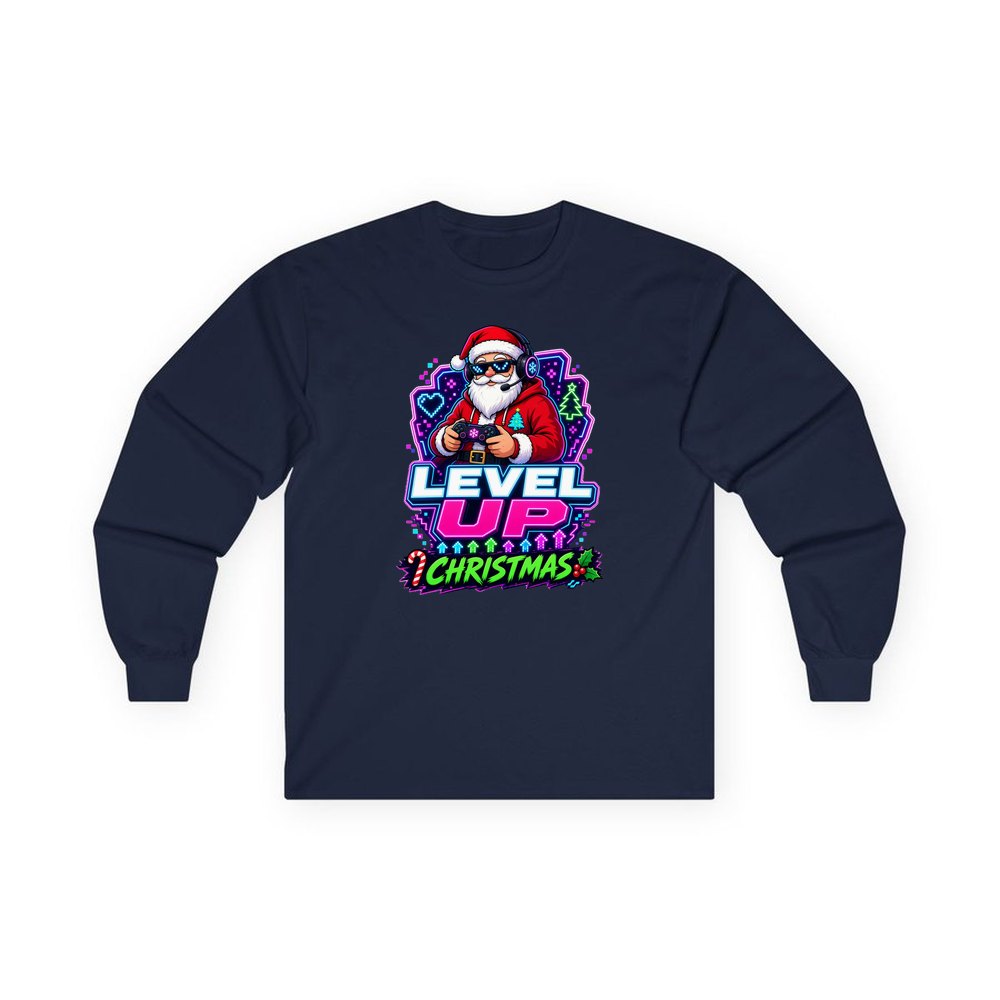 Gaming Santa Level Up personalised long sleeve Christmas T-shirt in navy
