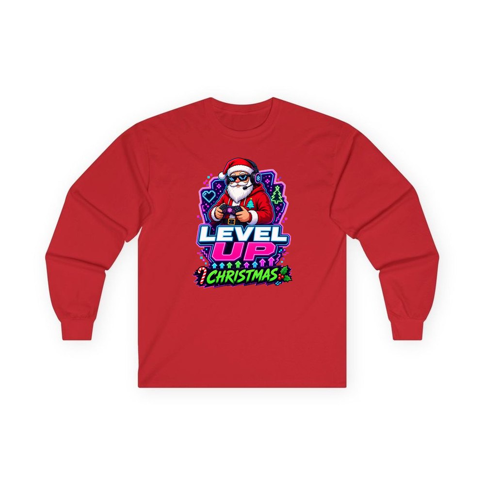 Gaming Santa Level Up personalised long sleeve Christmas T-shirt in red