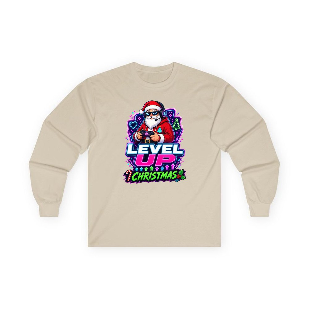 Gaming Santa Level Up personalised long sleeve Christmas T-shirt in sand