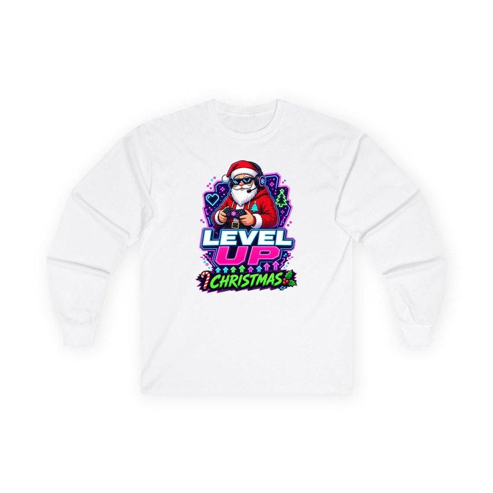 Gaming Santa Level Up personalised long sleeve Christmas T-shirt in white