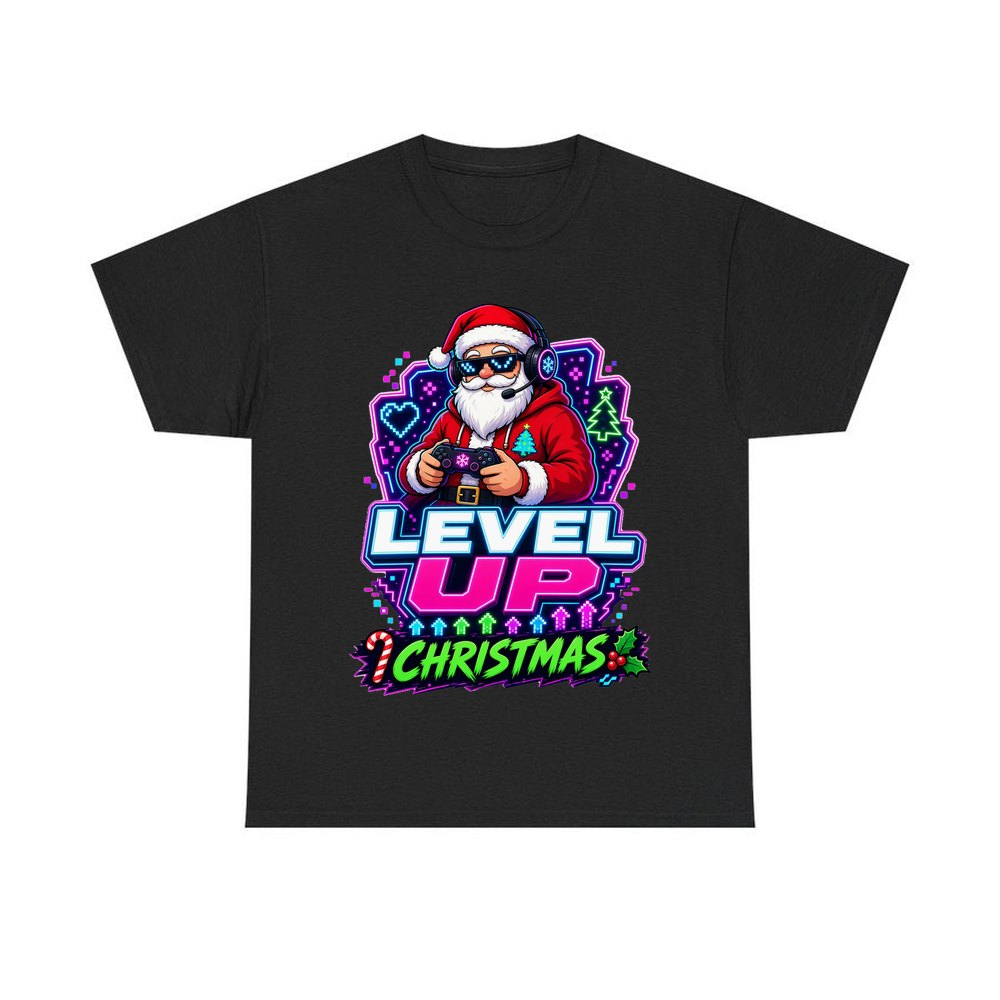 Gaming Santa Level Up personalised Christmas T-shirt in black