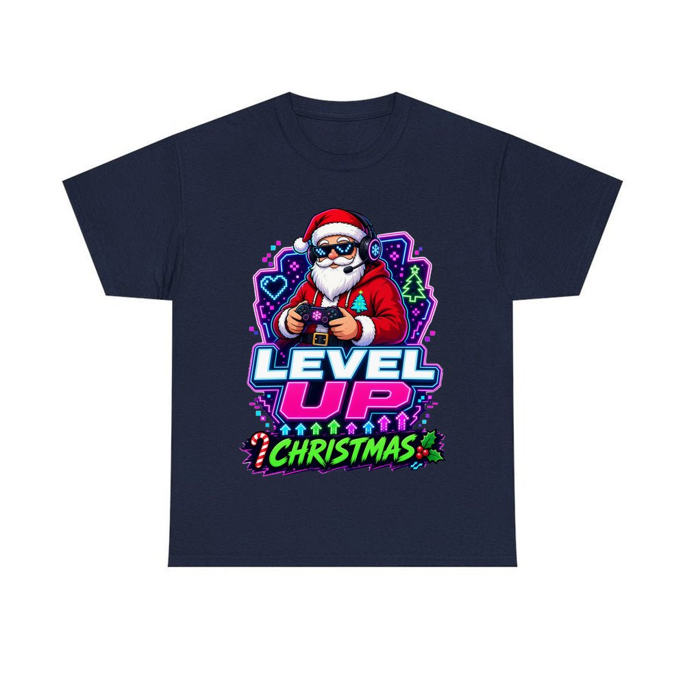 Gaming Santa Level Up personalised Christmas T-shirt in navy